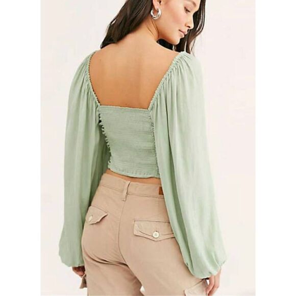 Free People laria Blouse Pleated Adjustable Drawstring Puff Sleeve bright Mint g - Picture 2 of 15